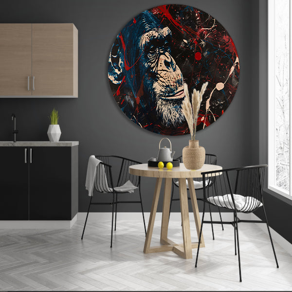 Abstract schilderij van aap met verfspetters aluminium muurcirkel