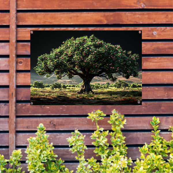 Appelboomgaard met bergen tuinposter