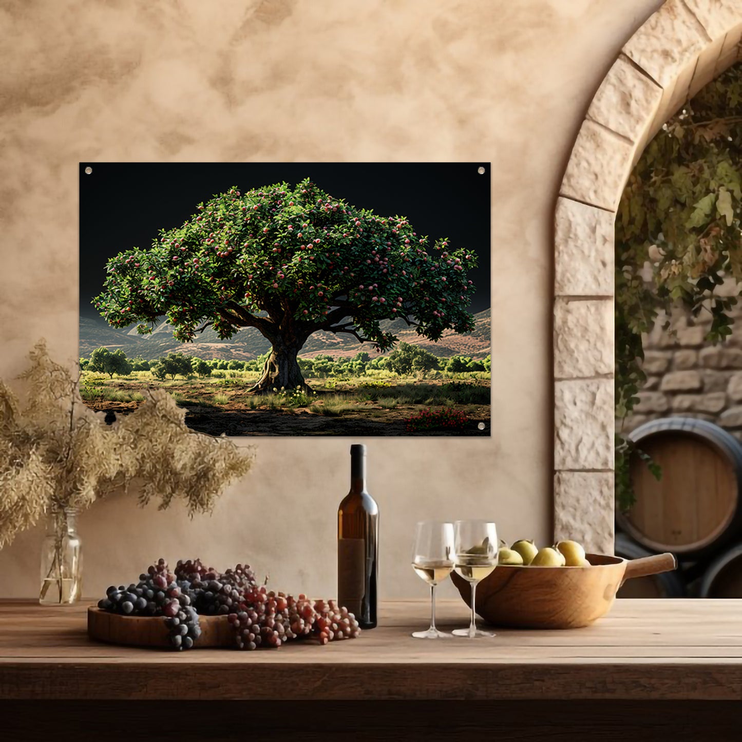 Appelboomgaard met bergen tuinposter