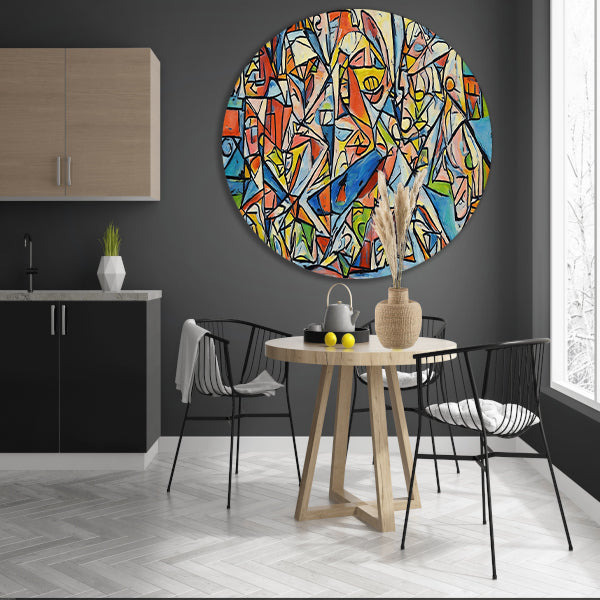 Abstract kubistisch ontwerp met dierenfiguren aluminium muurcirkel
