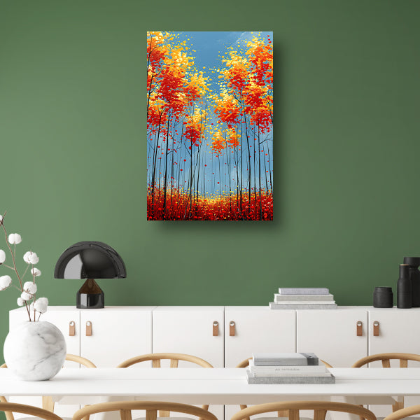 Abstract herfstboomschildering met felle kleuren canvas met baklijst