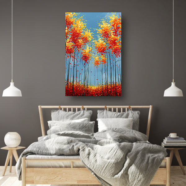 Abstract herfstboomschildering met felle kleuren canvas met baklijst