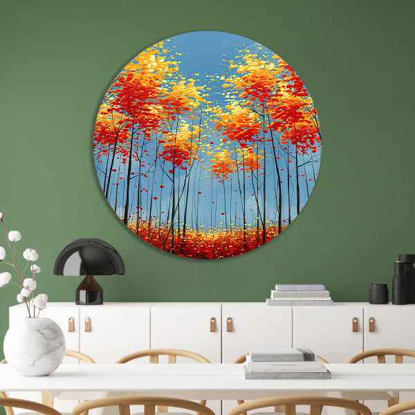 Abstract herfstboomschildering met felle kleuren aluminium muurcirkel
