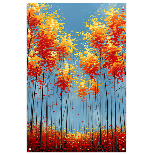 Abstract herfstboomschildering met felle kleuren tuinposter