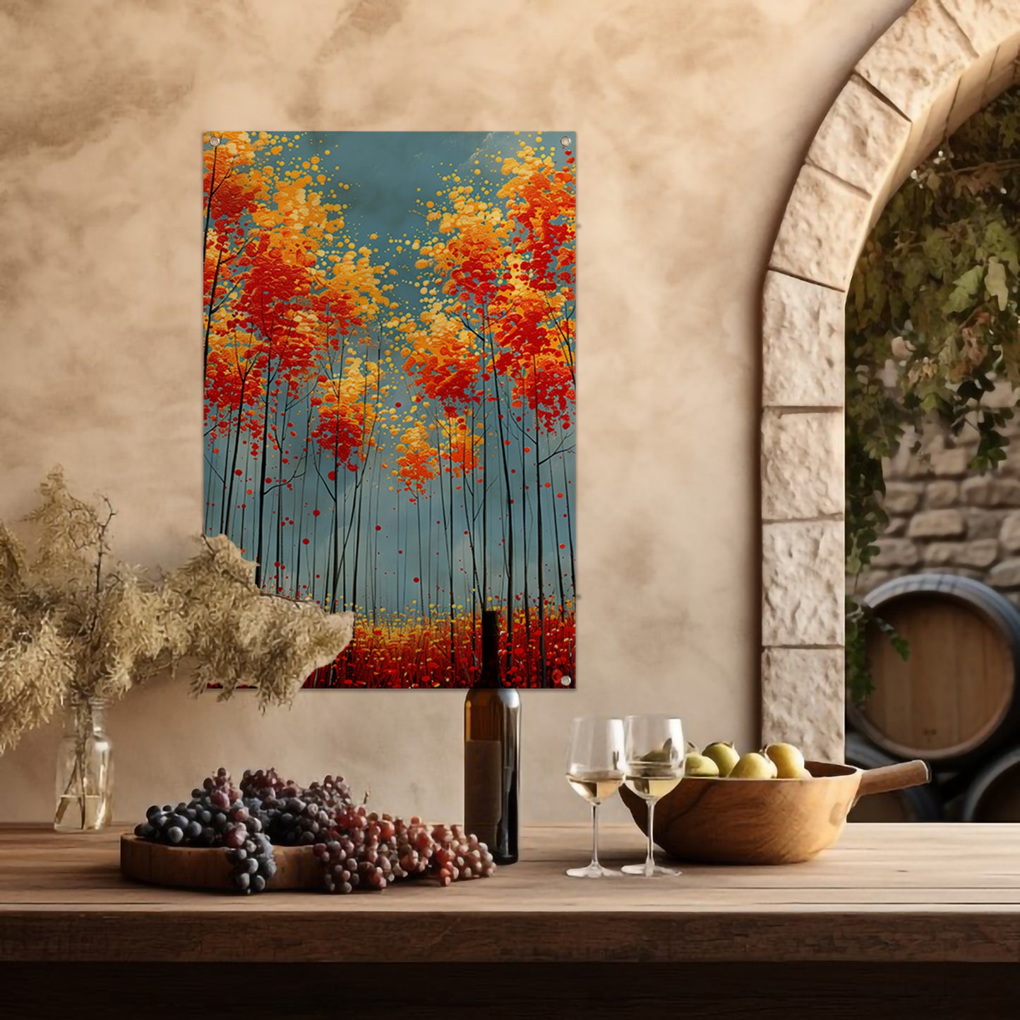 Abstract herfstboomschildering met felle kleuren tuinposter