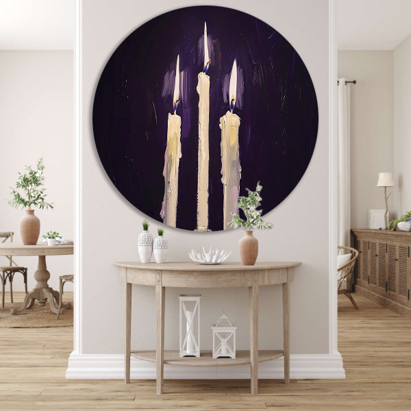 Abstract surrealistisch schilderij van drie kaarsen aluminium muurcirkel