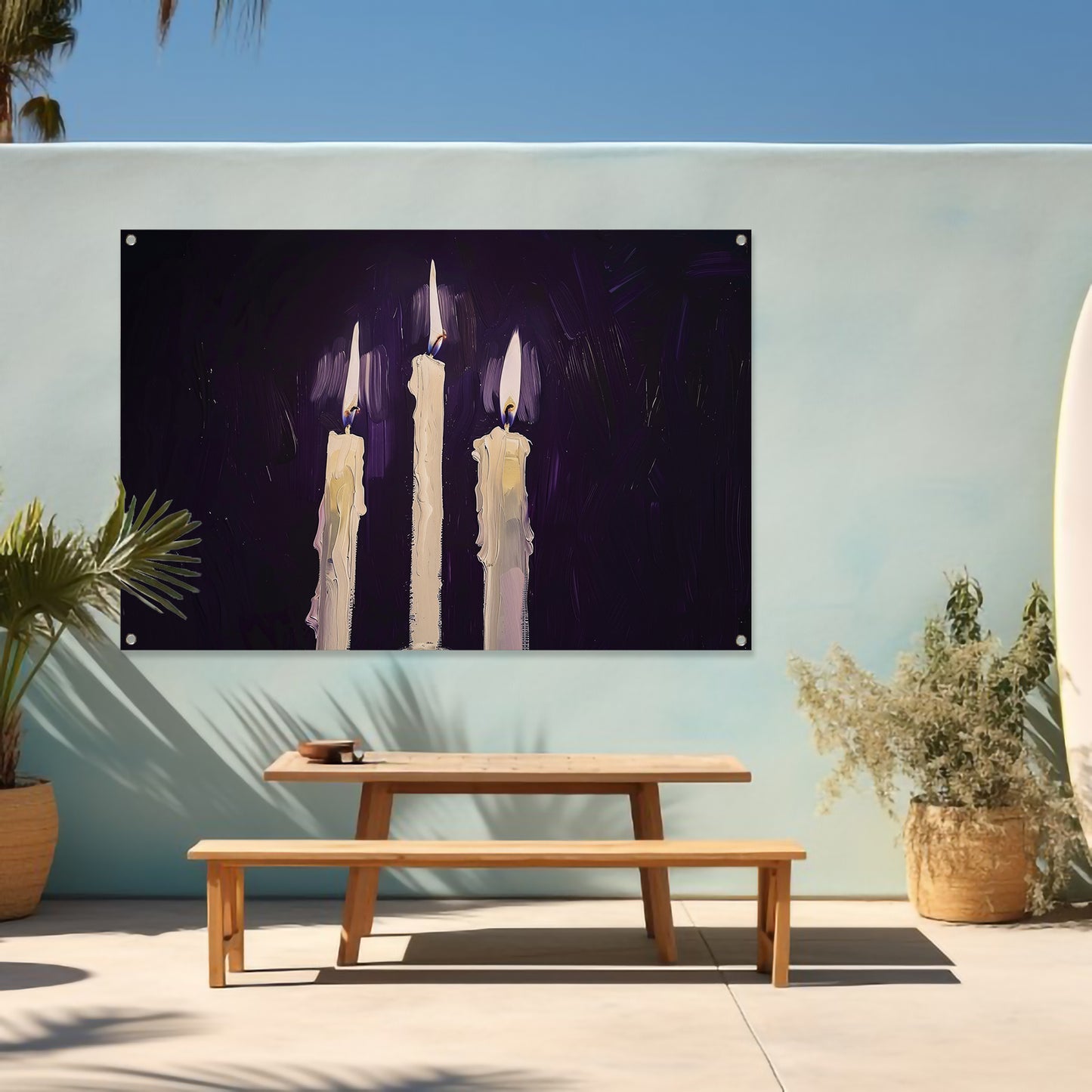 Abstract surrealistisch schilderij van drie kaarsen tuinposter