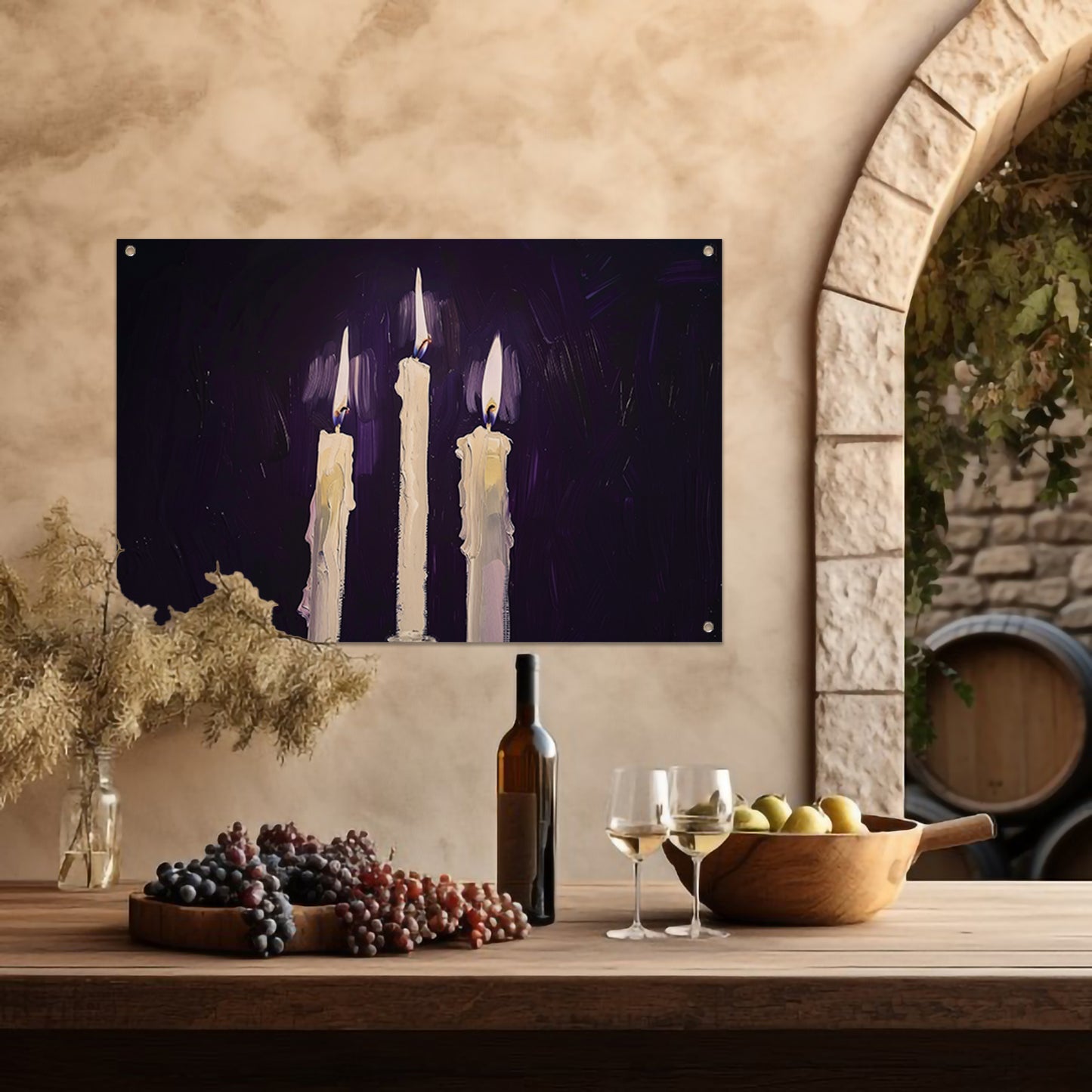 Abstract surrealistisch schilderij van drie kaarsen tuinposter