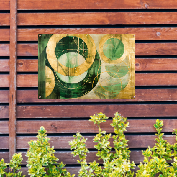 Abstracte gouden en groene geometrie tuinposter