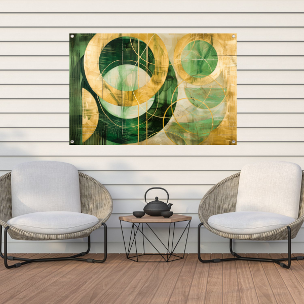 Abstracte gouden en groene geometrie tuinposter
