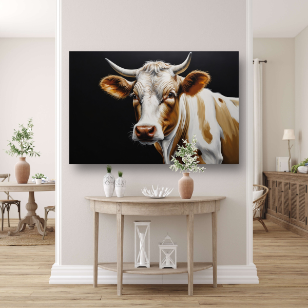 Koe met Vragende Blik op Zwarte Achtergrond canvas