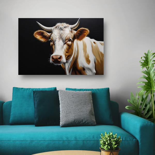 Koe met Vragende Blik op Zwarte Achtergrond canvas