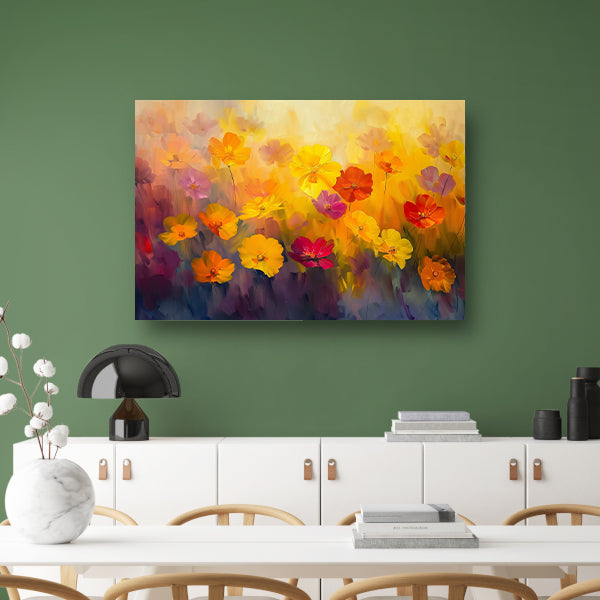 Vrolijk bloemenveld met felle kleuren poster