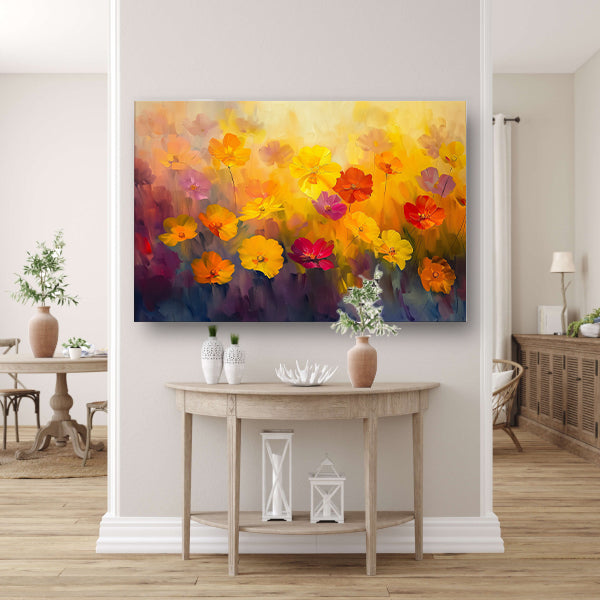Vrolijk bloemenveld met felle kleuren poster