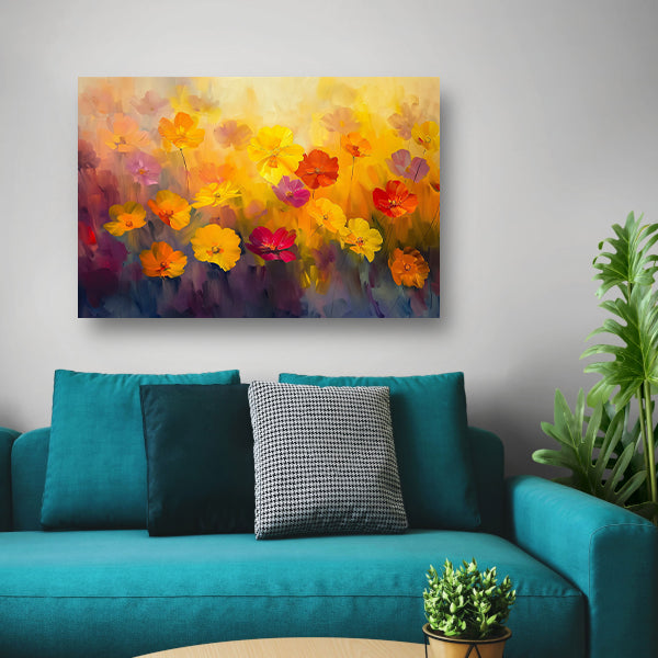 Vrolijk bloemenveld met felle kleuren poster