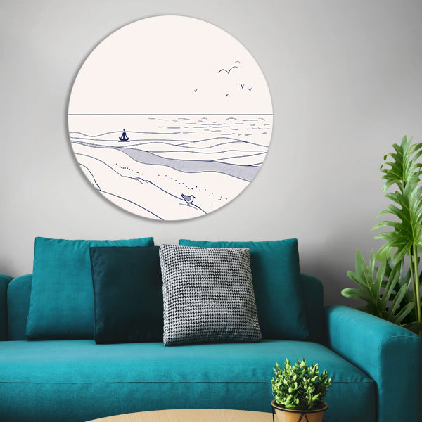 Meditatie bij de zee met vogel aluminium muurcirkel