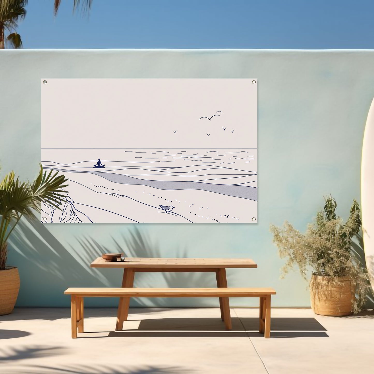 Meditatie bij de zee met vogel tuinposter