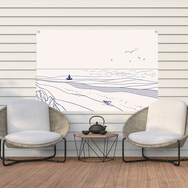 Meditatie bij de zee met vogel tuinposter