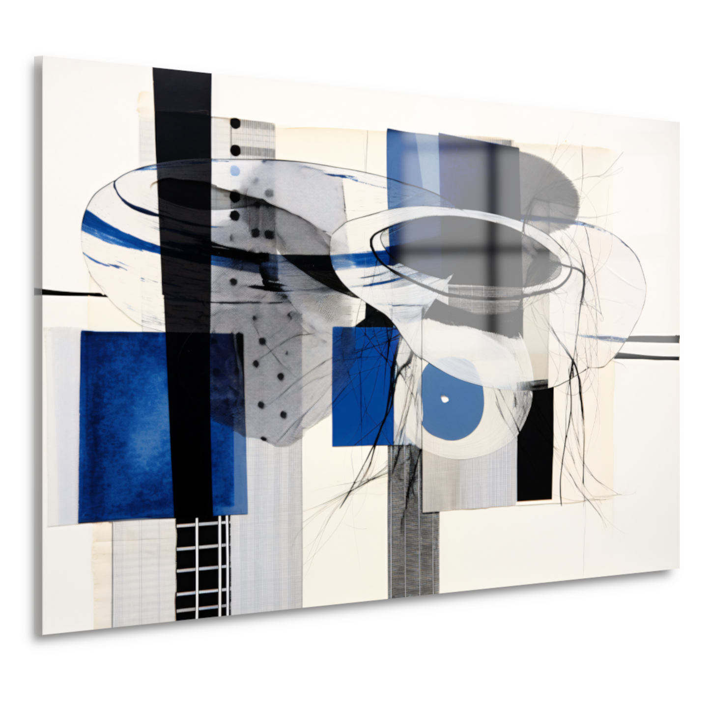 Minimalistische lijnencompositie in rood, blauw en geel acrylglas