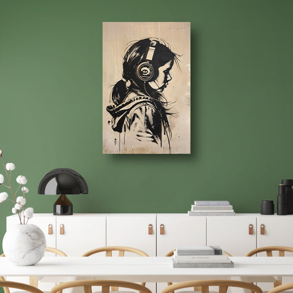 Zwart-wit portret van een meisje met koptelefoon canvas