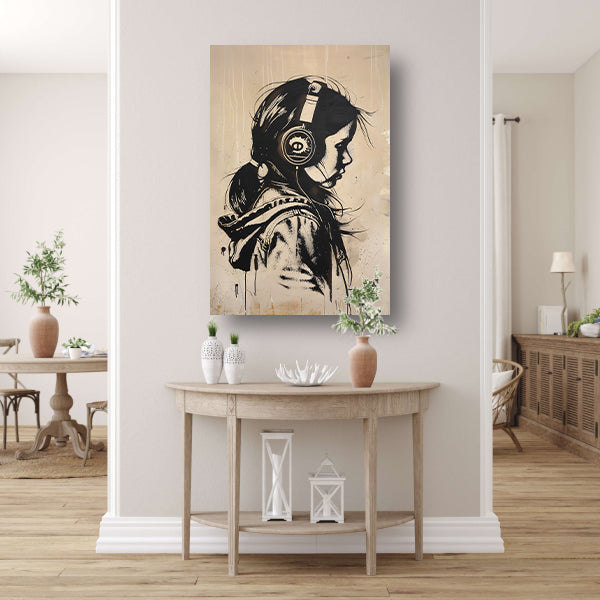 Zwart-wit portret van een meisje met koptelefoon canvas