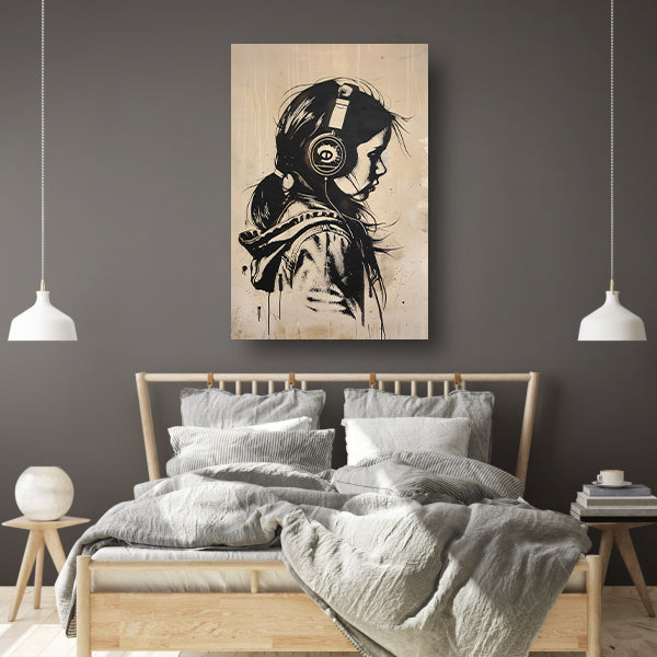 Zwart-wit portret van een meisje met koptelefoon canvas
