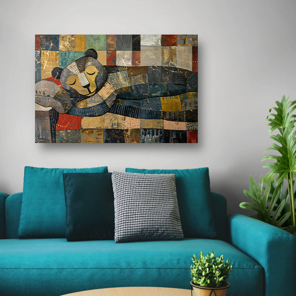 Slapende beer op kleurrijke lappendeken poster