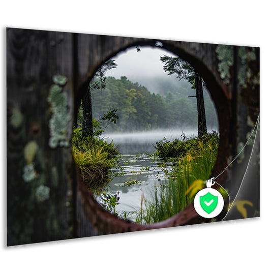 Mistig meer door een rond venster poster