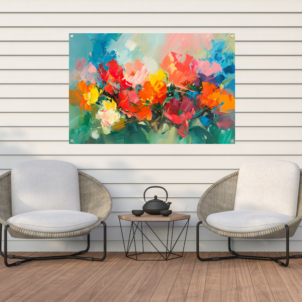 Kleurrijke abstracte bloemenpracht in expressieve stijl tuinposter