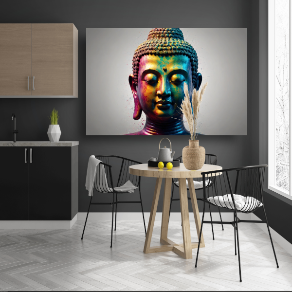 Boeddha Hoofd in Verrassende Kleurexplosie poster