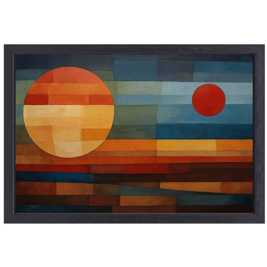 Geometrische Weerspiegeling van Zonsondergang en Nacht canvas met baklijst