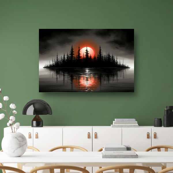 Minimalistisch schilderij van silhouet eiland en zonsopgang canvas