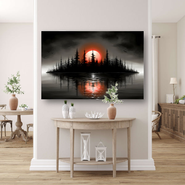 Minimalistisch schilderij van silhouet eiland en zonsopgang canvas