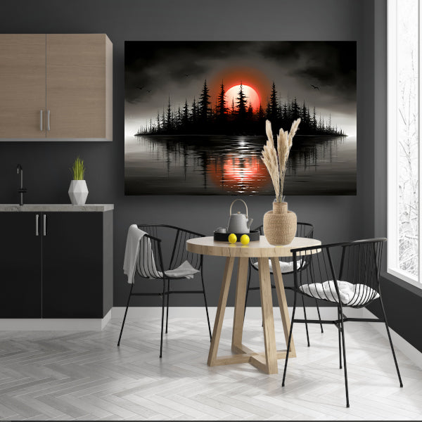 Minimalistisch schilderij van silhouet eiland en zonsopgang canvas