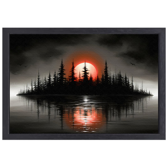 Minimalistisch schilderij van silhouet eiland en zonsopgang canvas met baklijst