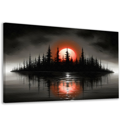 Minimalistisch schilderij van silhouet eiland en zonsopgang canvas