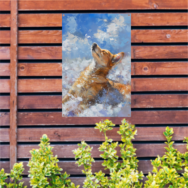 Hond genietend van de sneeuw en zon tuinposter