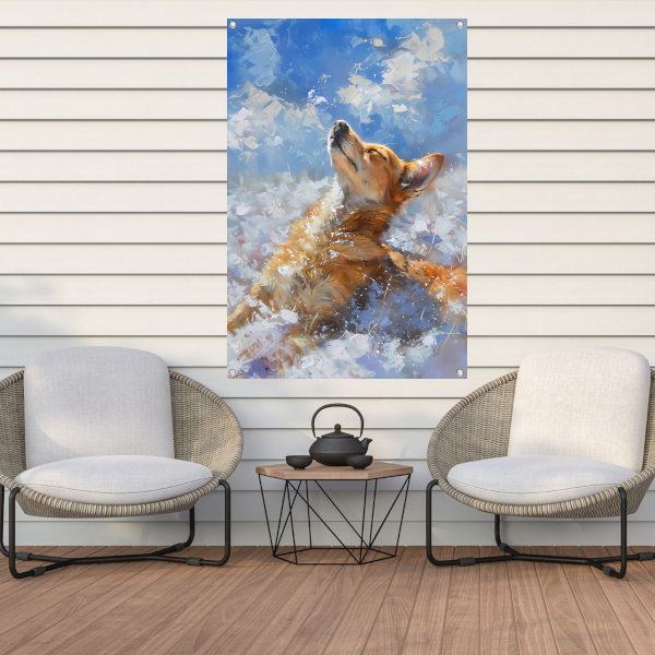 Hond genietend van de sneeuw en zon tuinposter
