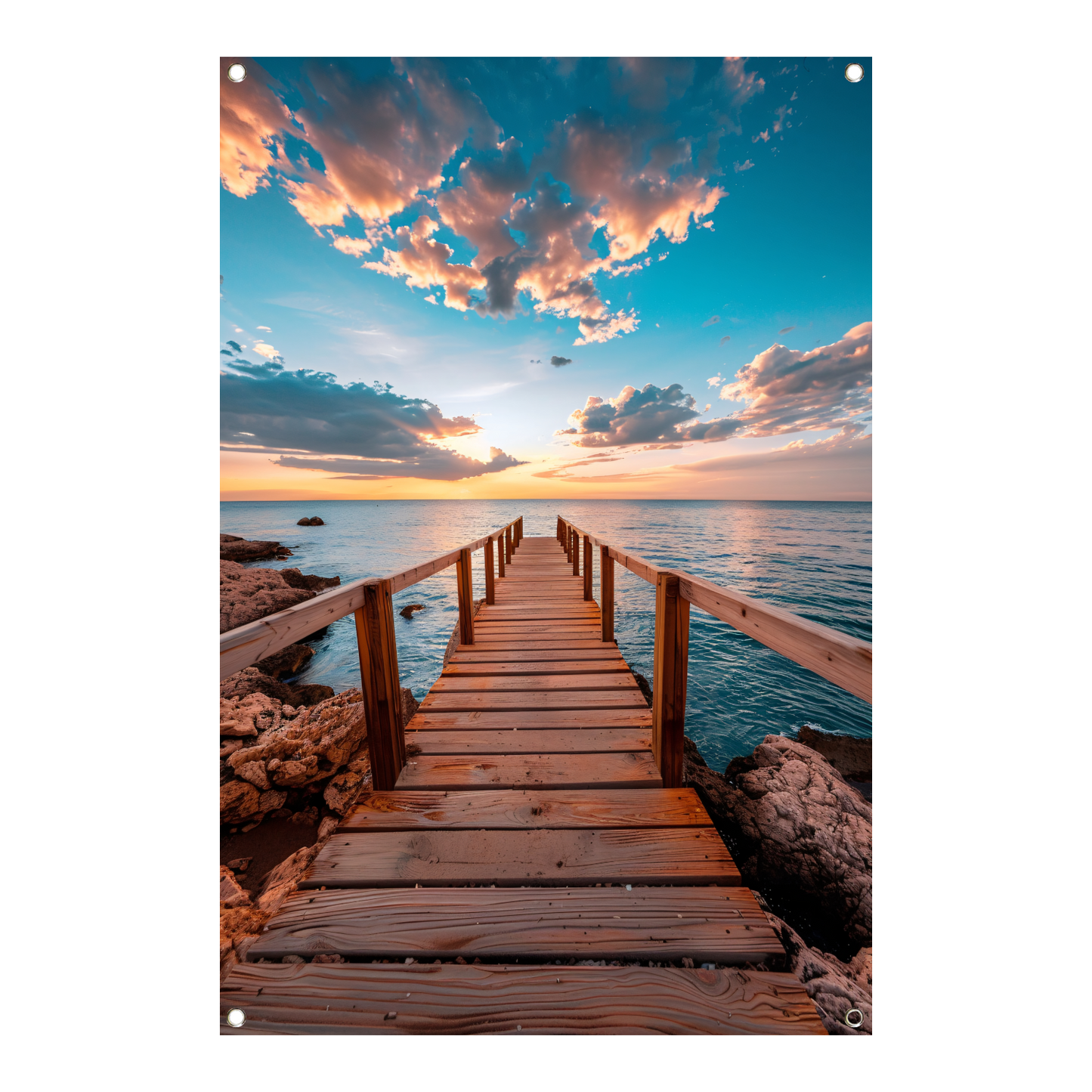 Houten steiger bij zonsondergang, rustgevend zeezicht tuinposter