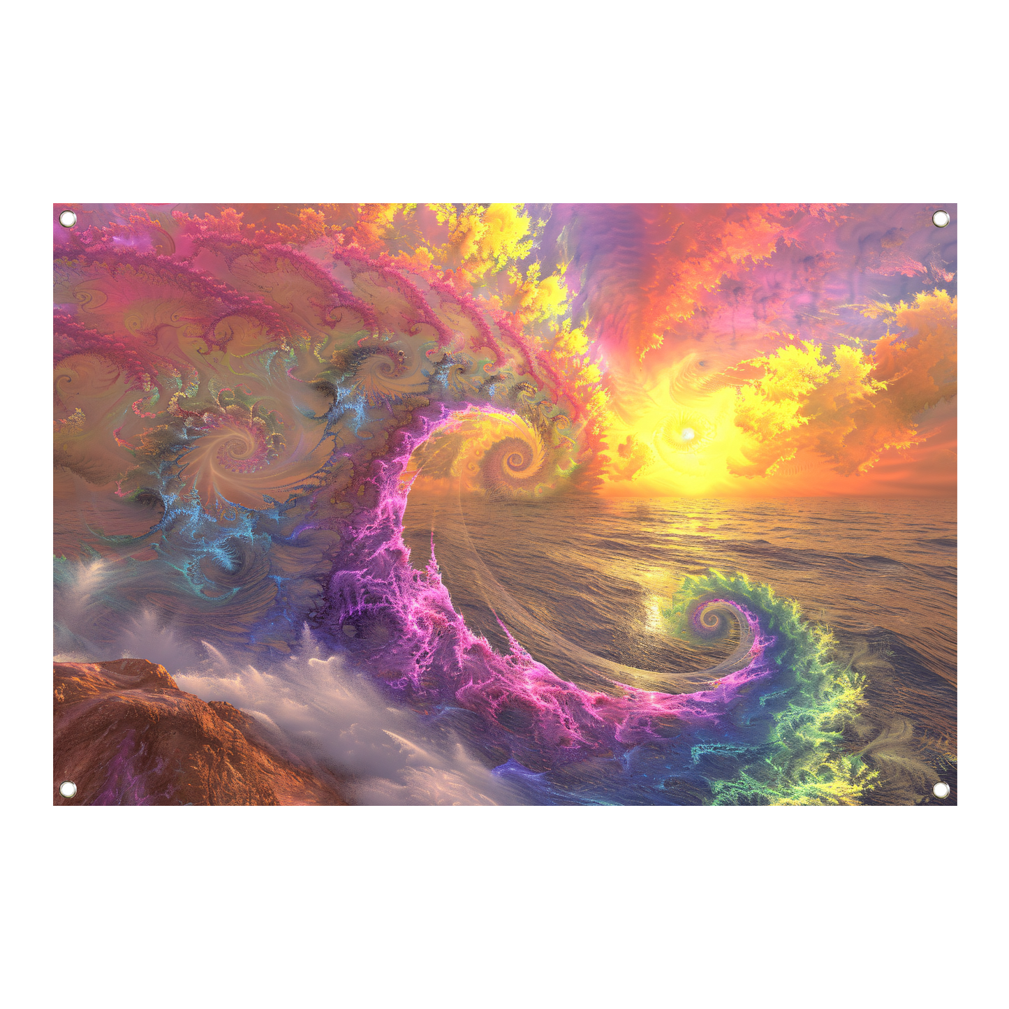 Impressionistische zonsondergang boven de golven tuinposter