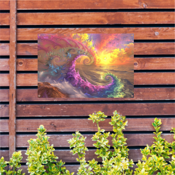 Impressionistische zonsondergang boven de golven tuinposter