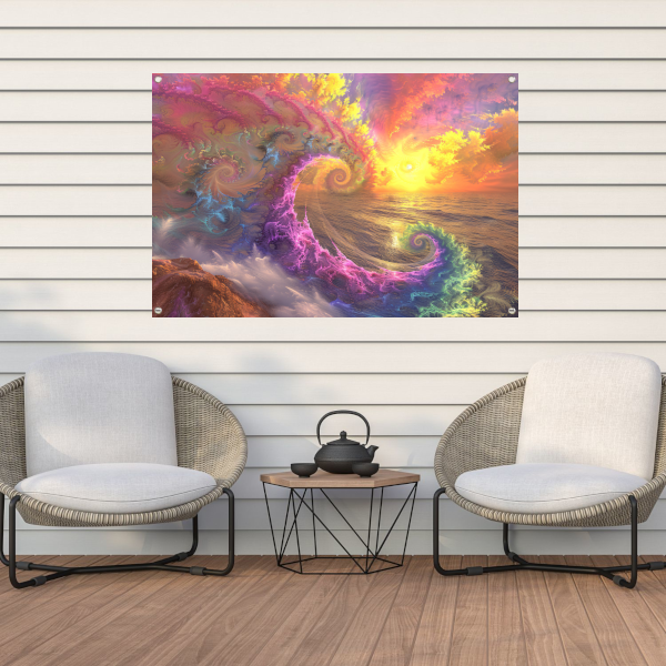 Impressionistische zonsondergang boven de golven tuinposter