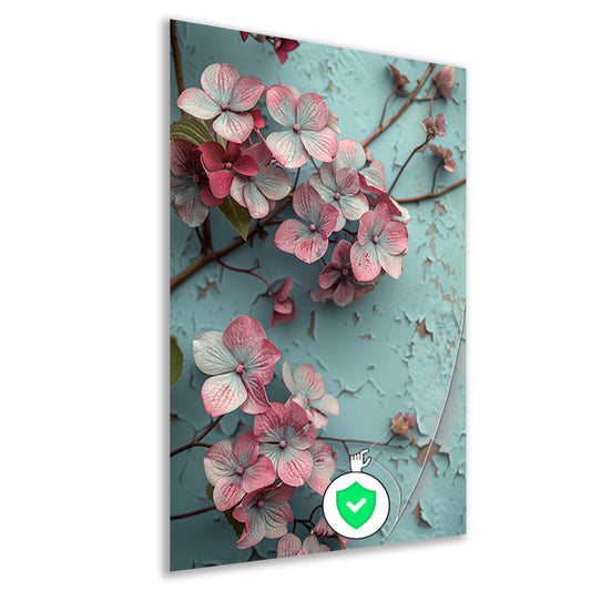 Roze bloemen tegen verweerde blauwe muur poster