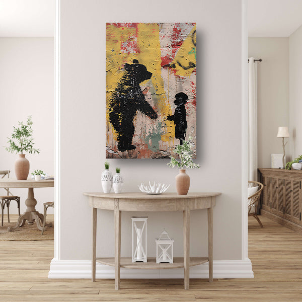 Zwart-wit street art beer en kind canvas