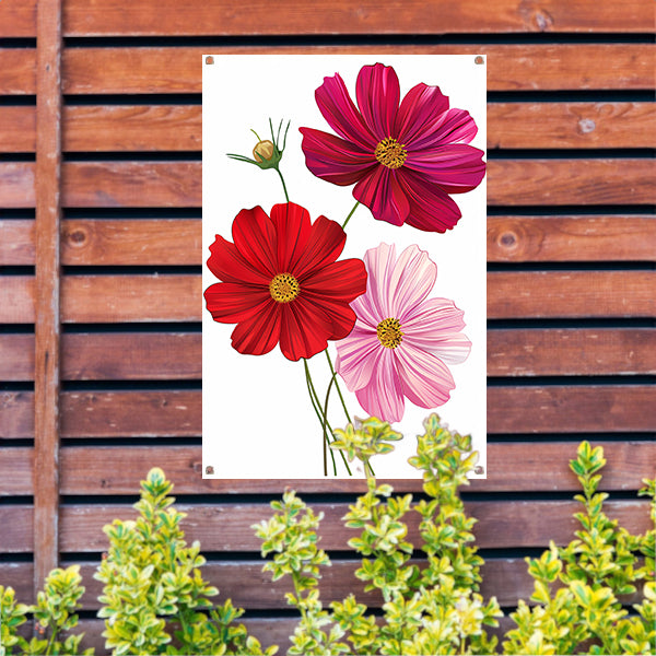 Drie Kosmosbloemen in zachte kleuren tuinposter