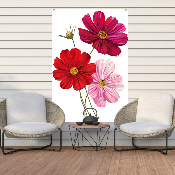 Drie Kosmosbloemen in zachte kleuren tuinposter