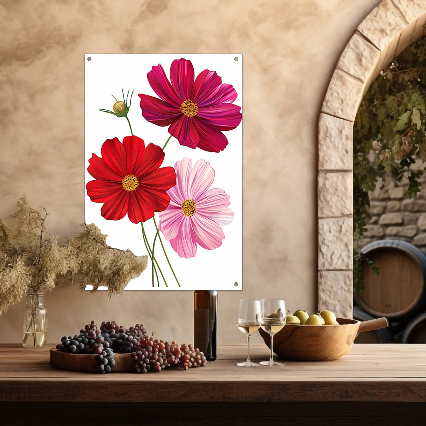 Drie Kosmosbloemen in zachte kleuren tuinposter