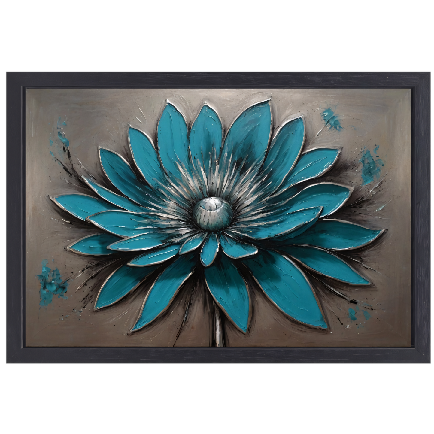 Turkooise Bloem met Zilveren Accenten canvas met baklijst