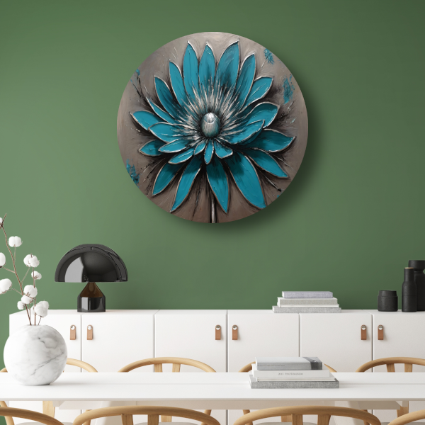 Turkooise Bloem met Zilveren Accenten aluminium muurcirkel