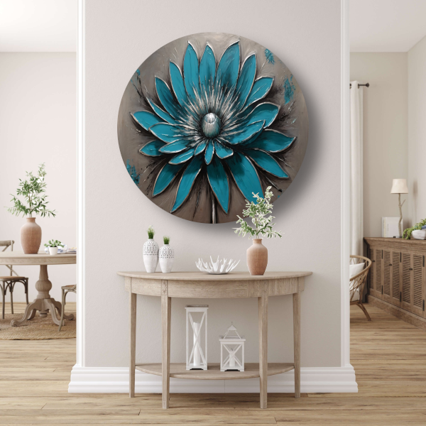 Turkooise Bloem met Zilveren Accenten aluminium muurcirkel